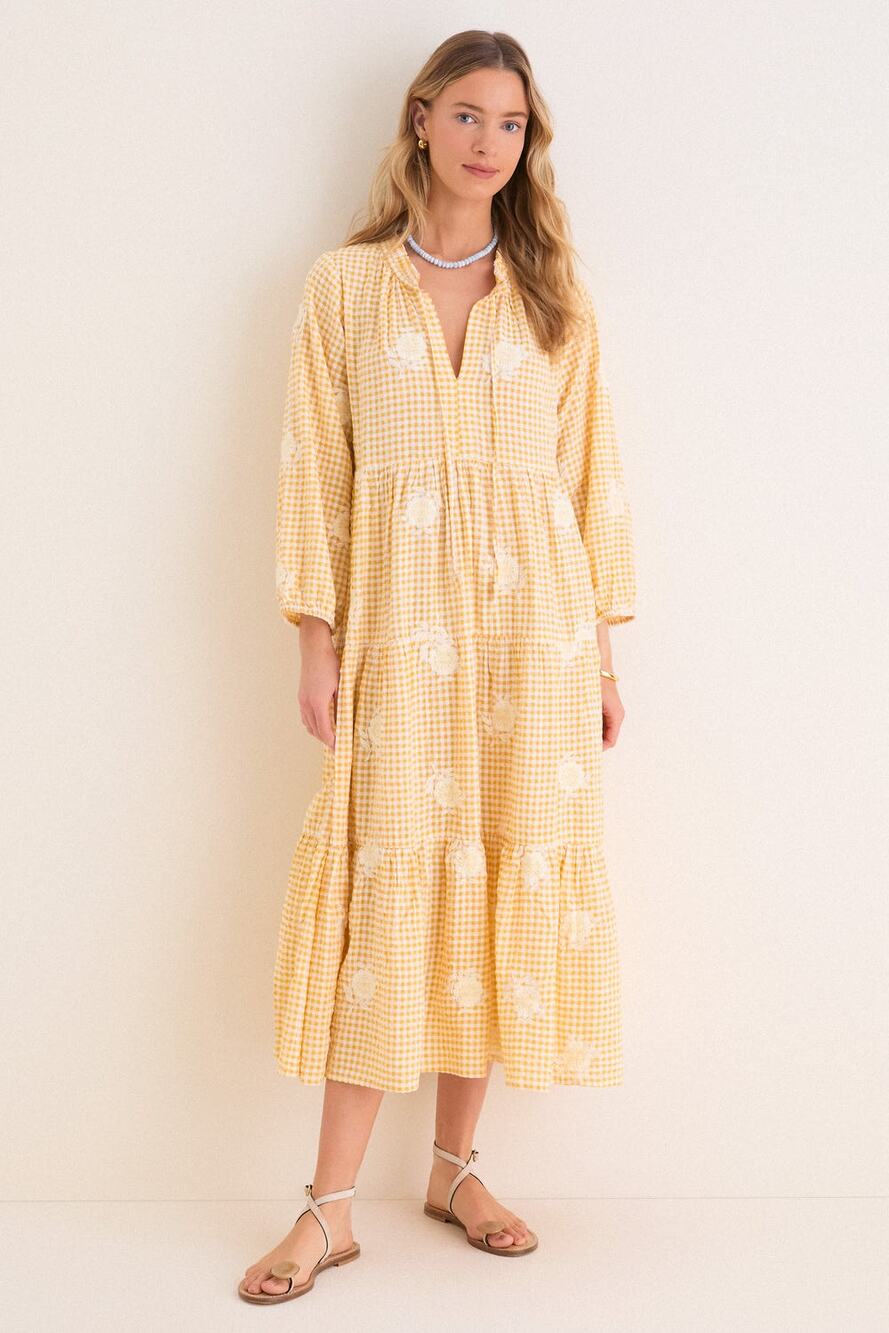 TNUCK BEACH Honey Gingham Embroidered Long Sleeve Salty Paloma Caftan Size M NWT